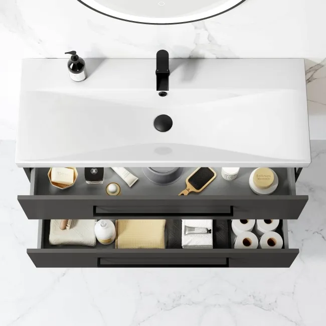 Elba Graphite Grey Wall Hung Basin Drawer Vanity 1000mm - Black Accents