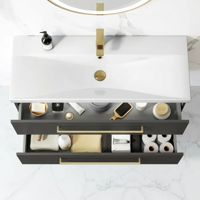 Elba Graphite Grey Wall Hung Basin Drawer Vanity 1000mm - Brushed Brass Accents