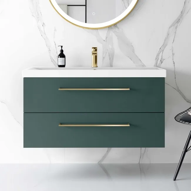 Elba Midnight Green Wall Hung Basin Drawer Vanity 1000mm - Brushed Brass Accents