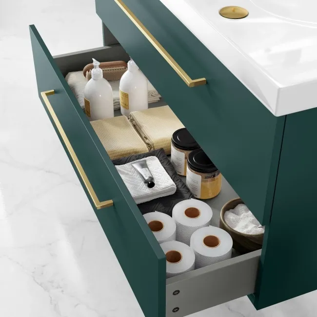 Elba Midnight Green Wall Hung Basin Drawer Vanity 1000mm - Brushed Brass Accents