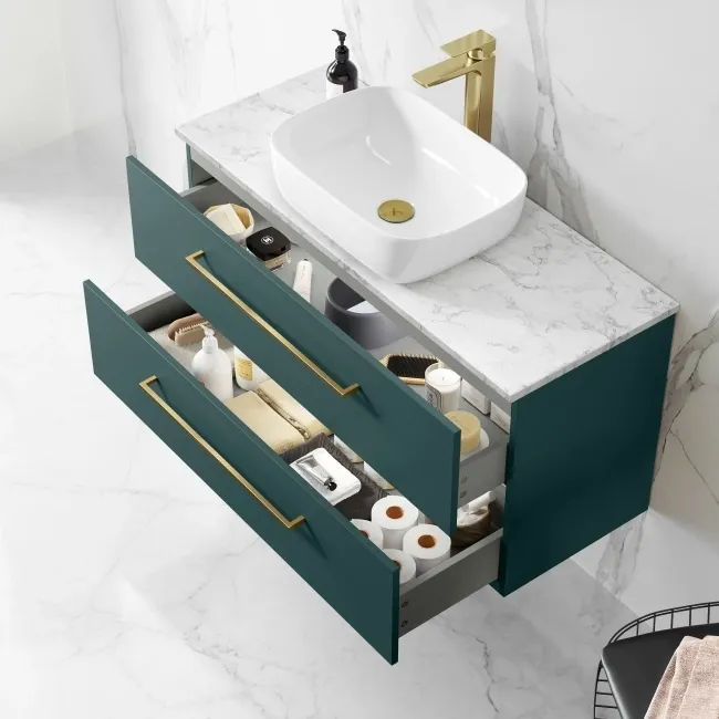 Elba Midnight Green Wall Hung Drawer Vanity with Marble Top & Curved Counter Top Basin 1000mm - Brushed Brass Accents