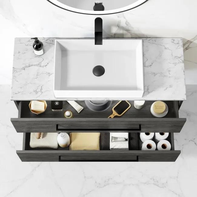 Elba Charcoal Elm Wall Hung Drawer Vanity with Marble Top & Cody Basin 1000mm - Black Accents