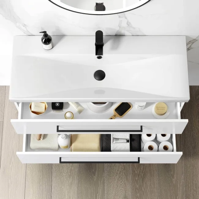 Elba Gloss White Wall Hung Basin Drawer Vanity 1000mm - Black Accents