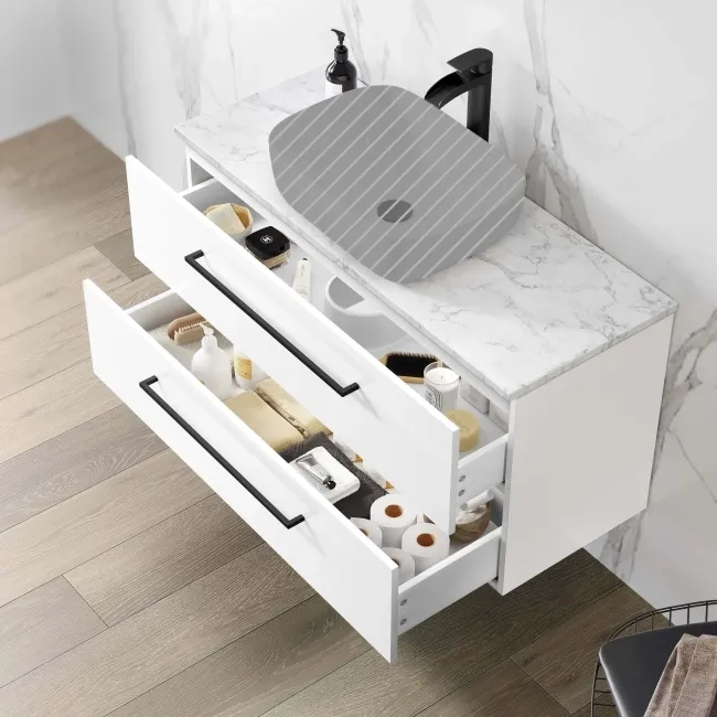 Elba Gloss White Wall Hung Drawer Vanity 1000mm Excludes Counter Top Basin - Black Accents