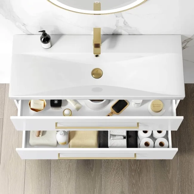 Elba Gloss White Wall Hung Basin Drawer Vanity 1000mm - Brushed Brass Accents