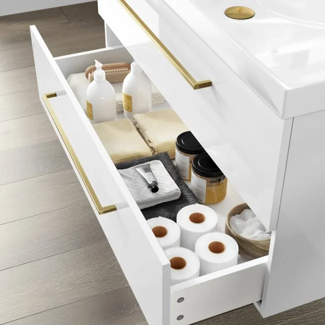Elba Gloss White Wall Hung Basin Drawer Vanity 1000mm - Brushed Brass Accents