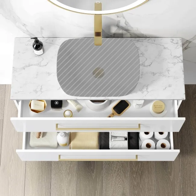 Elba Gloss White Wall Hung Drawer Vanity 1000mm Excludes Counter Top Basin - Brushed Brass Accents