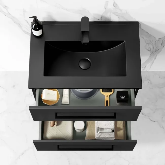 Elba Matt Black Wall Hung Basin Drawer Vanity 600mm