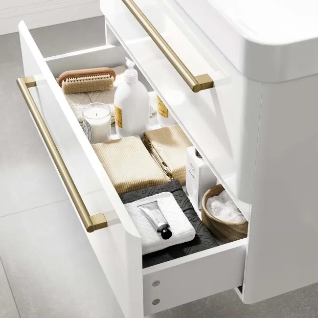 Omaha Gloss White Wall Hung Basin Drawer Vanity 800mm - Brushed Brass Accents