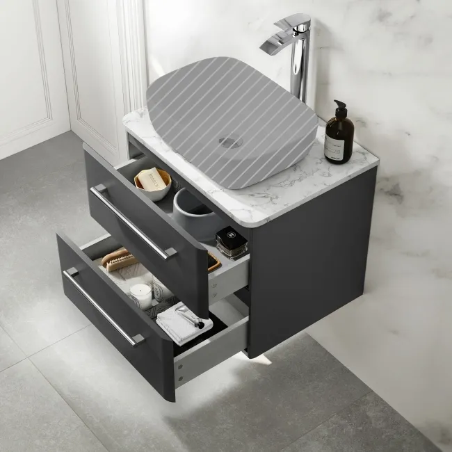 Omaha Slate Grey Wall Hung Drawer Vanity with Marble Top 600mm - Excludes Counter Top Basin