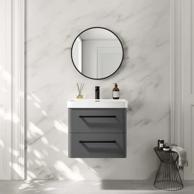 Omaha Slate Grey Wall Hung Basin Drawer Vanity 600mm - Black Accents