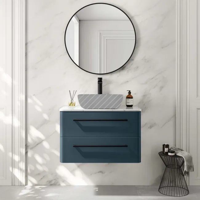 Omaha Navy Blue Wall Hung Drawer Vanity with Marble Top 800mm (Excludes Counter Top Basin) - Black Accents