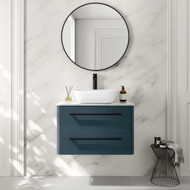 Omaha Navy Blue Wall Hung Drawer Vanity with Marble Top & Curved Counter Top Basin 800mm - Black Accents