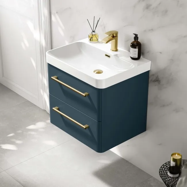 Omaha Navy Blue Wall Hung Basin Drawer Vanity 600mm - Brushed Brass Accents