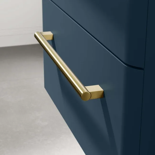 Omaha Navy Blue Wall Hung Basin Drawer Vanity 600mm - Brushed Brass Accents