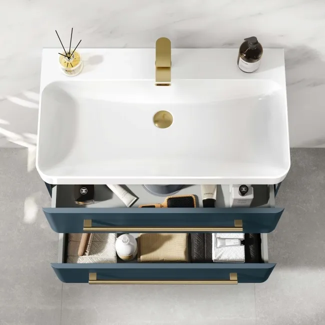 Omaha Navy Blue Wall Hung Basin Drawer Vanity 800mm - Brushed Brass Accents