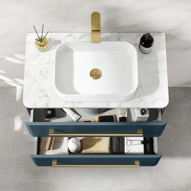 Omaha Navy Blue Wall Hung Drawer Vanity with Marble Top & Marin Basin 800mm - Brushed Brass Accents