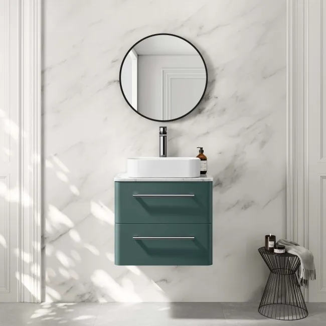Omaha Mystic Green Wall Hung Drawer Vanity with Marble Top & Marin Basin 600mm