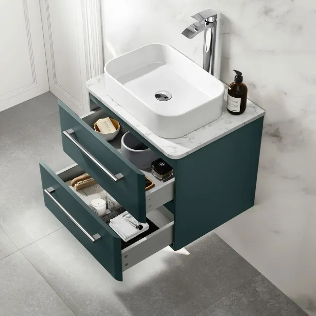 Omaha Mystic Green Wall Hung Drawer Vanity with Marble Top & Marin Basin 600mm