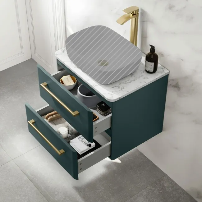 Omaha Mystic Green Wall Hung Drawer Vanity with Marble Top 600mm (Excludes Counter Top Basin) - Brushed Brass Accents