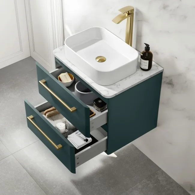 Omaha Mystic Green Wall Hung Drawer Vanity with Marble Top & Marin Basin 600mm - Brushed Brass Accents