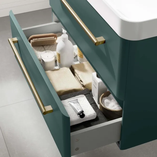 Omaha Mystic Green Wall Hung Basin Drawer Vanity 800mm - Brushed Brass Accents