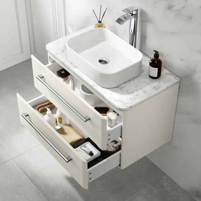 Omaha Linen White Wall Hung Drawer Vanity with Marble Top & Marin Basin 800mm