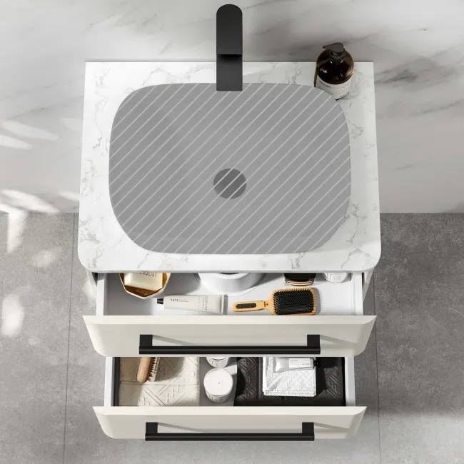 Omaha Linen White Wall Hung Drawer Vanity with Marble Top 600mm (Excludes Counter Top Basin) - Black Accents