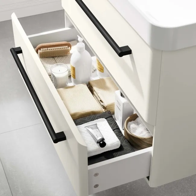 Omaha Linen White Wall Hung Basin Drawer Vanity 800mm - Black Accents