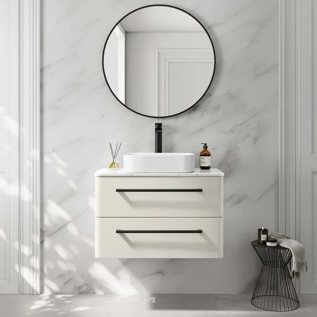 Omaha Linen White Wall Hung Drawer Vanity with Marble Top & Marin Basin 800mm - Black Accents