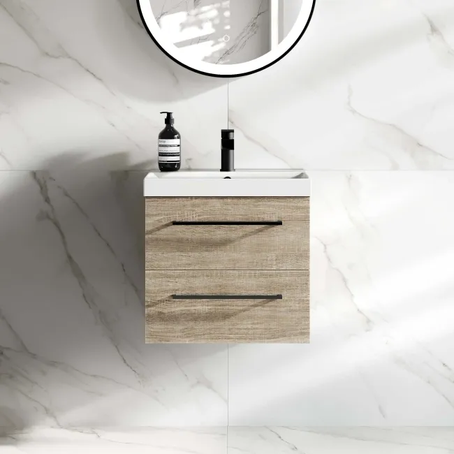 Elba Dawn Oak Wall Hung Basin Drawer Vanity 500mm - Black Accents