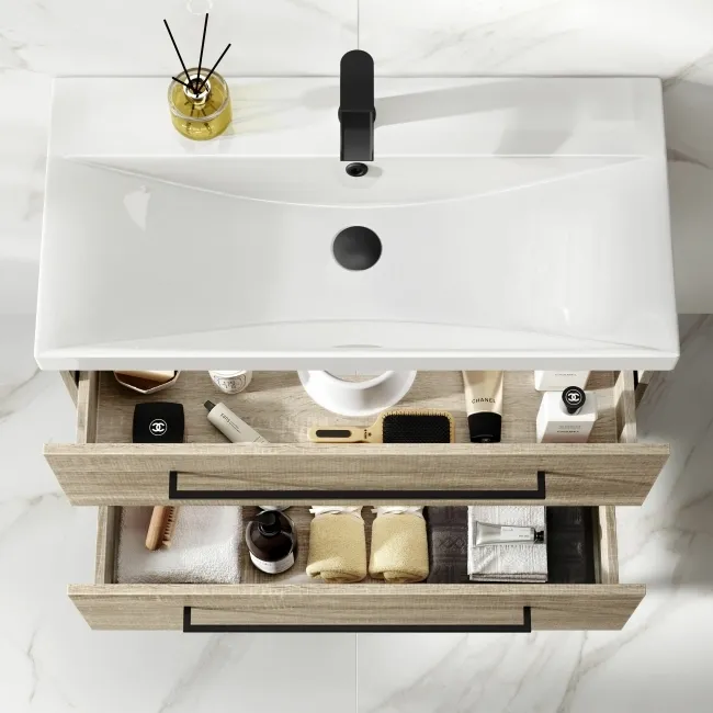 Elba Dawn Oak Wall Hung Basin Drawer Vanity 800mm - Black Accents
