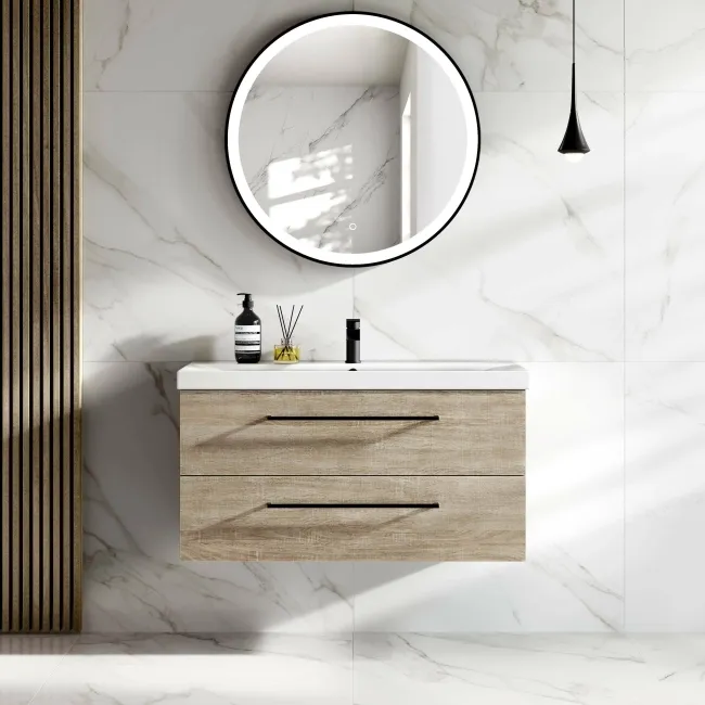 Elba Dawn Oak Wall Hung Basin Drawer Vanity 1000mm - Black Accents