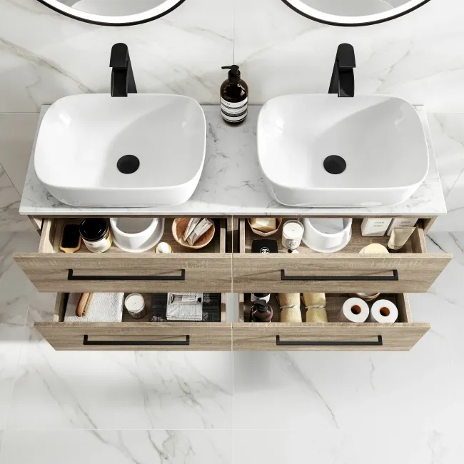 Elba Dawn Oak Double Wall Hung Drawer Vanity with Marble Top & Curved Basin 1200mm - Black Accents