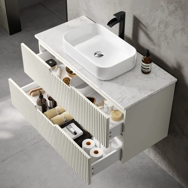 Crete Fluted Linen White Wall Hung Drawer Vanity with Marble Top & Marin Basin 1000mm