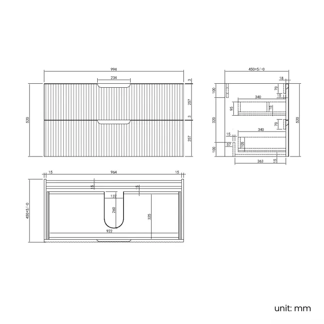 Crete Fluted Linen White Wall Hung Drawer Vanity with Marble Top & Marin Basin 1000mm