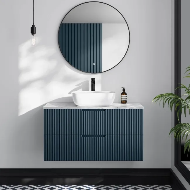 Crete Fluted Navy Blue Wall Hung Drawer Vanity with Marble Top & Curved Basin 1000mm