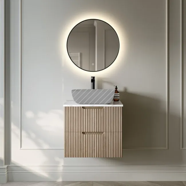 Crete Fluted Apex Oak Wall Hung Drawer Vanity with Marble Top 600mm - Excludes Counter Top Basin