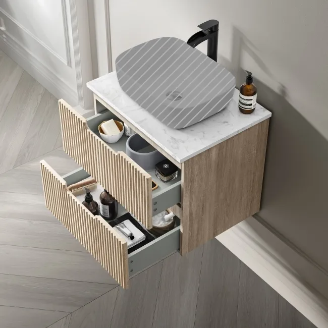 Crete Fluted Apex Oak Wall Hung Drawer Vanity with Marble Top 600mm - Excludes Counter Top Basin