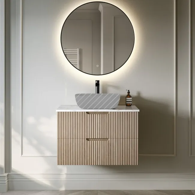 Crete Fluted Apex Oak Wall Hung Drawer Vanity with Marble Top 800mm - Excludes Counter Top Basin