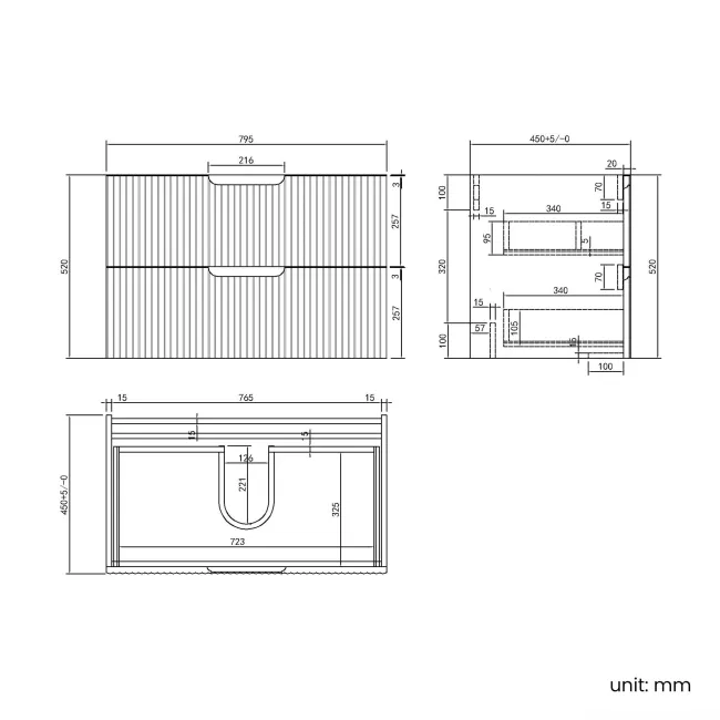 Crete Fluted Apex Oak Wall Hung Drawer Vanity with Marble Top 800mm - Excludes Counter Top Basin