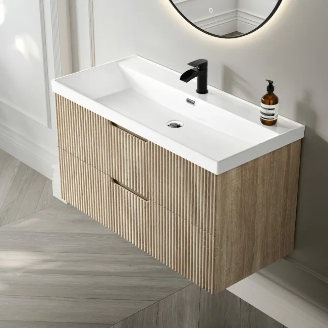 Crete Fluted Apex Oak Wall Hung Basin Drawer Vanity 1000mm