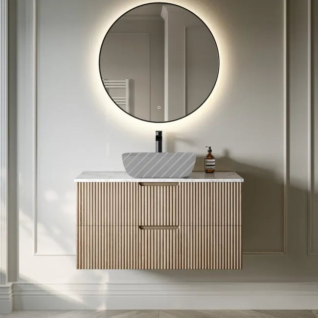 Crete Fluted Apex Oak Wall Hung Drawer Vanity with Marble Top 1000mm - Excludes Counter Top Basin