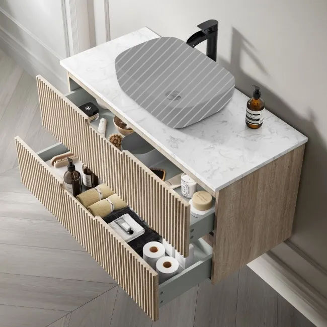 Crete Fluted Apex Oak Wall Hung Drawer Vanity with Marble Top 1000mm - Excludes Counter Top Basin