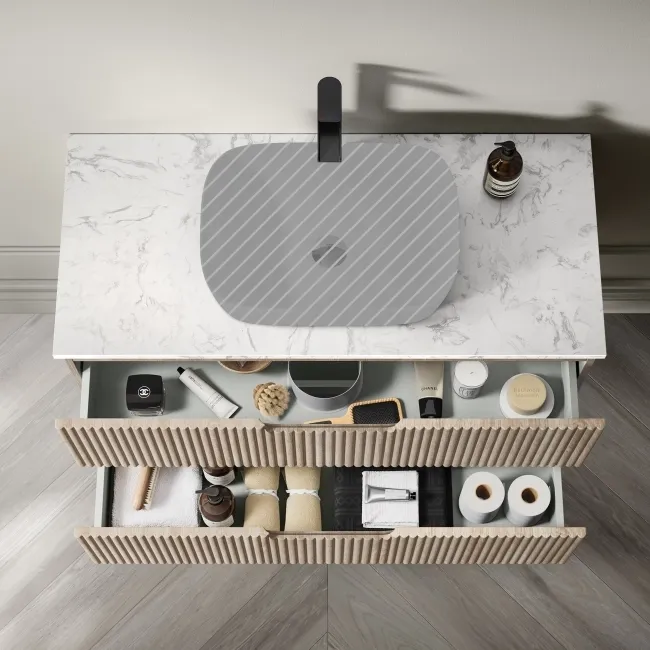 Crete Fluted Apex Oak Wall Hung Drawer Vanity with Marble Top 1000mm - Excludes Counter Top Basin