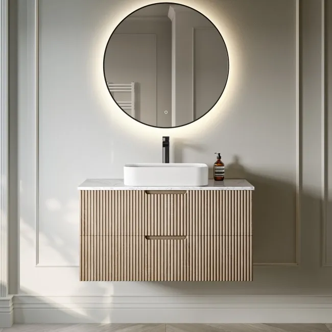 Crete Fluted Apex Oak Wall Hung Drawer Vanity with Marble Top & Marin Basin 1000mm