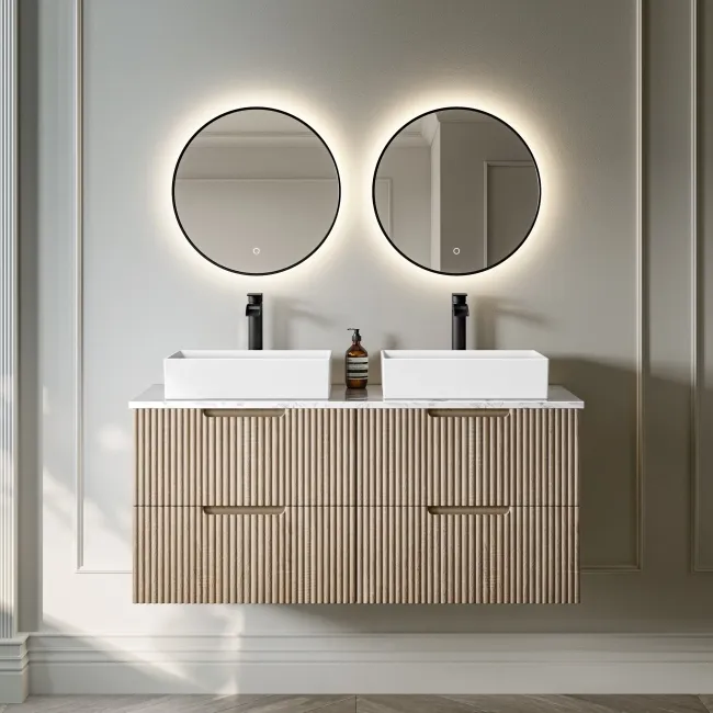 Crete Fluted Apex Oak Double Wall Hung Drawer Vanity with Marble Top & Cody Basin 1200mm