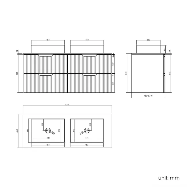 Crete Fluted Apex Oak Double Wall Hung Drawer Vanity with Marble Top & Cody Basin 1200mm