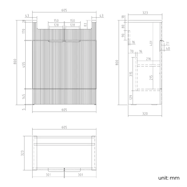 Sicily Fluted Coastal White Basin Vanity and Back To Wall Toilet Unit 1200mm (Excludes Toilet) - Black Accents