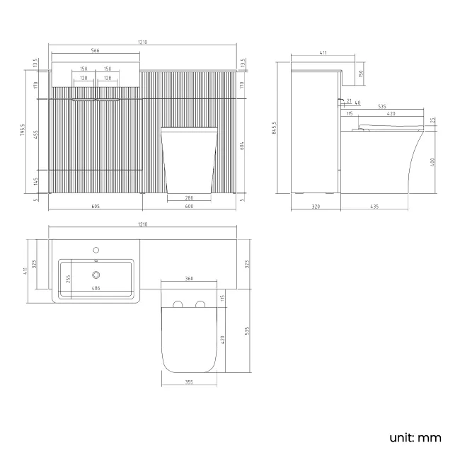 Sicily Fluted Coastal White Combination Vanity Basin with Marble Top & Houston Toilet 1200mm - Black Accents